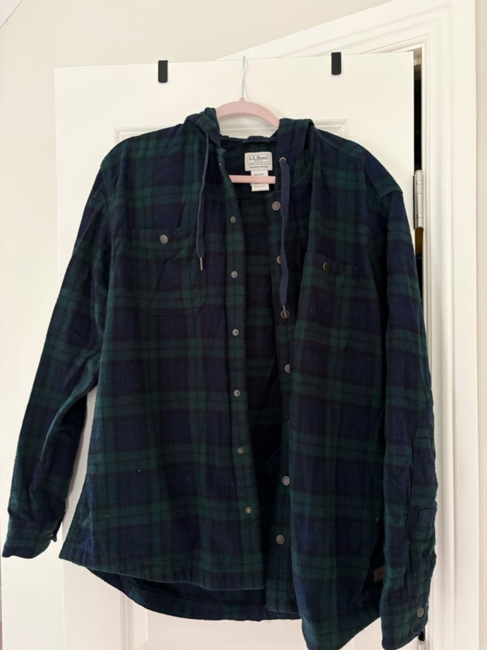 L.L. Bean Green & Navy Plaid Hooded Flannel Shirt